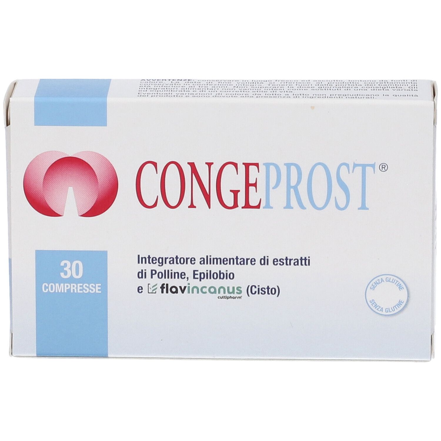 Scatola bianca "Congeprost Compresse" con logo rosso e testo blu. 30 compresse. Senza glutine.