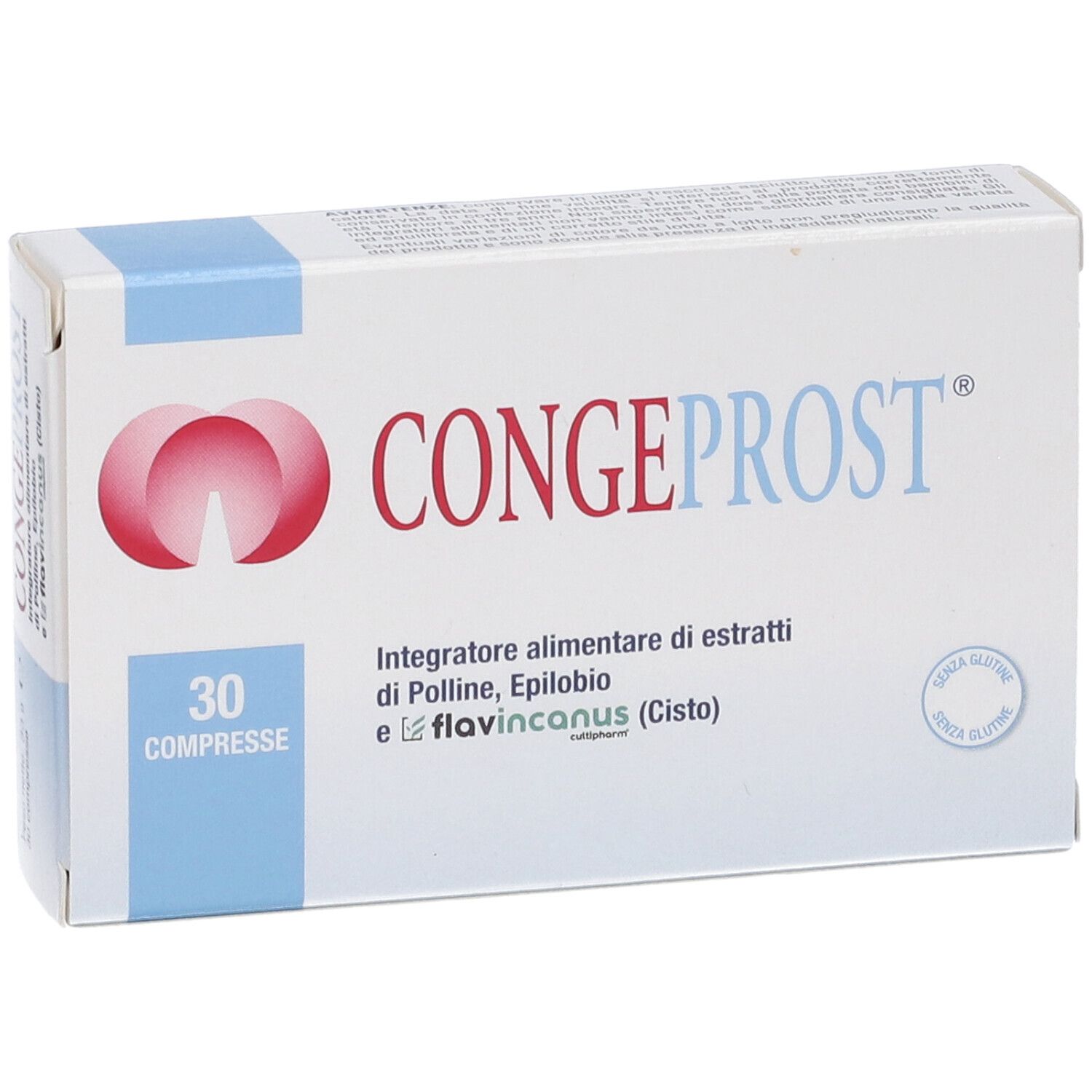 Scatola "Congeprost Compresse" con logo rosso e testo blu. 30 compresse. Senza glutine.