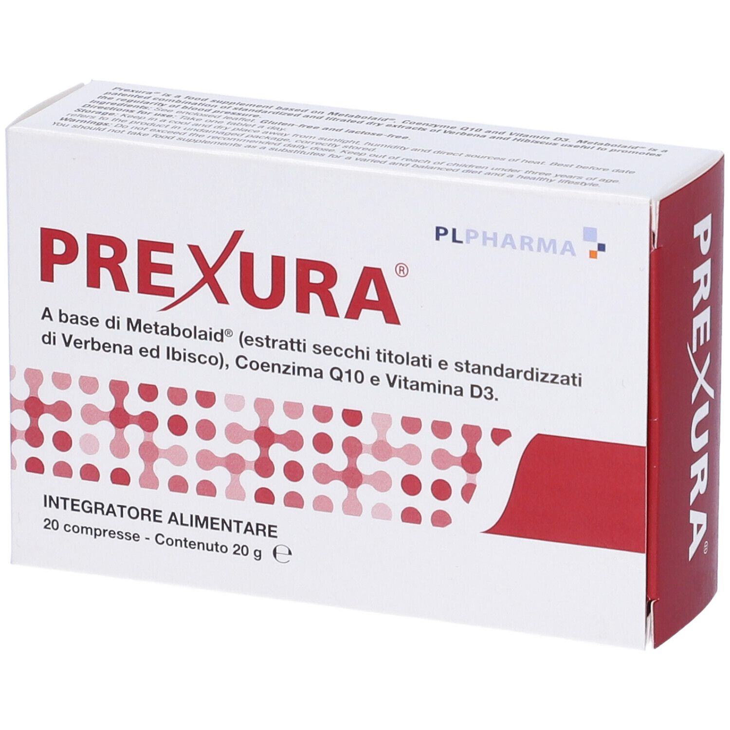 Scatola bianca con lato rosso. Contiene 20 compresse. Integratore alimentare. Logo PL Pharma.