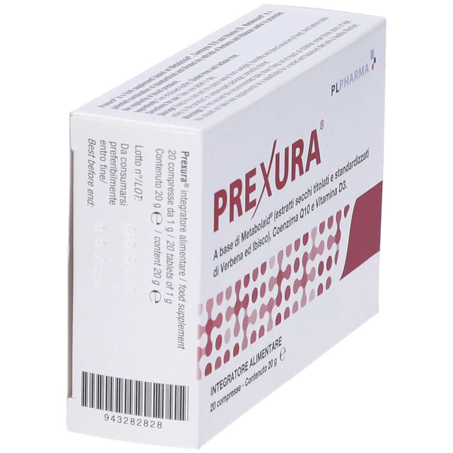 Scatola bianca obliqua. Contiene 20 compresse. Integratore alimentare. Logo PL Pharma. Codice a barre.