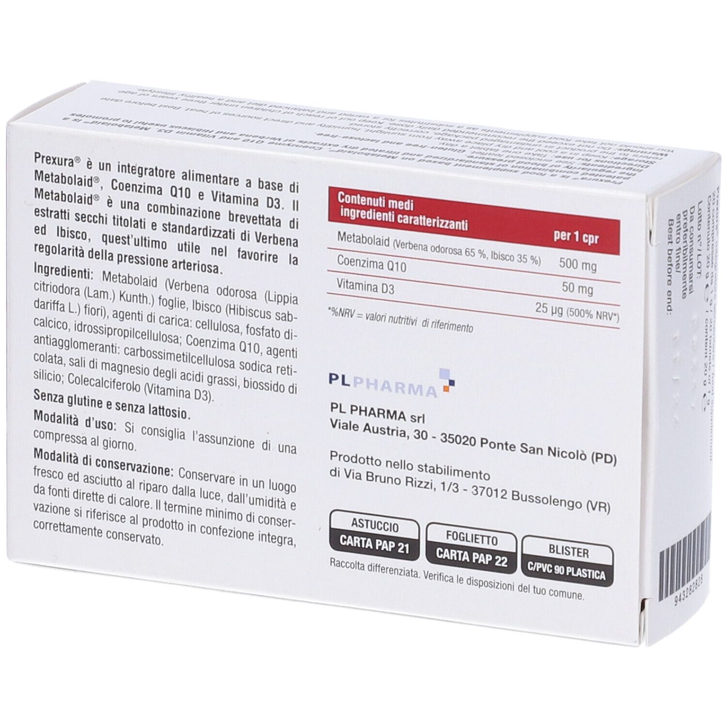Retro della scatola bianca. Testo: Ingredienti, informazioni nutrizionali, indirizzo PL Pharma. Codice a barre.