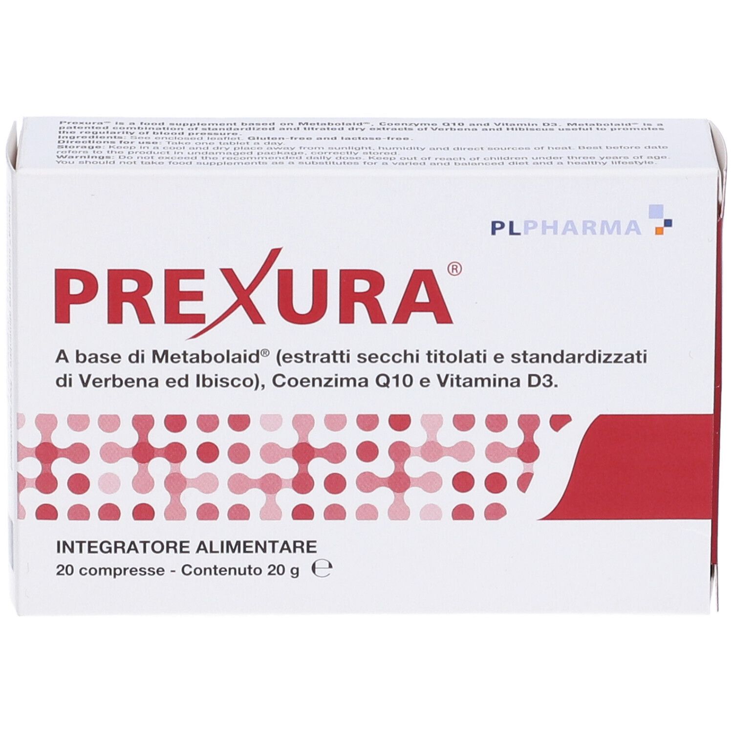 Scatola bianca con testo rosso. Contiene 20 compresse. Integratore alimentare. Logo PL Pharma.