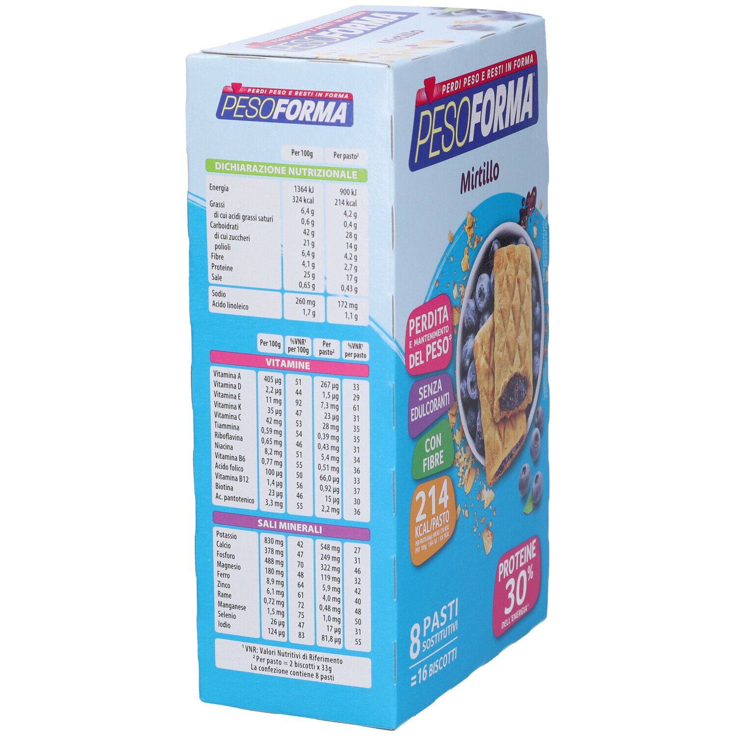 Vista laterale della confezione PESOFORMA® Mirtillo. Informazioni nutrizionali e prodotto su sfondo blu. 16 biscotti.