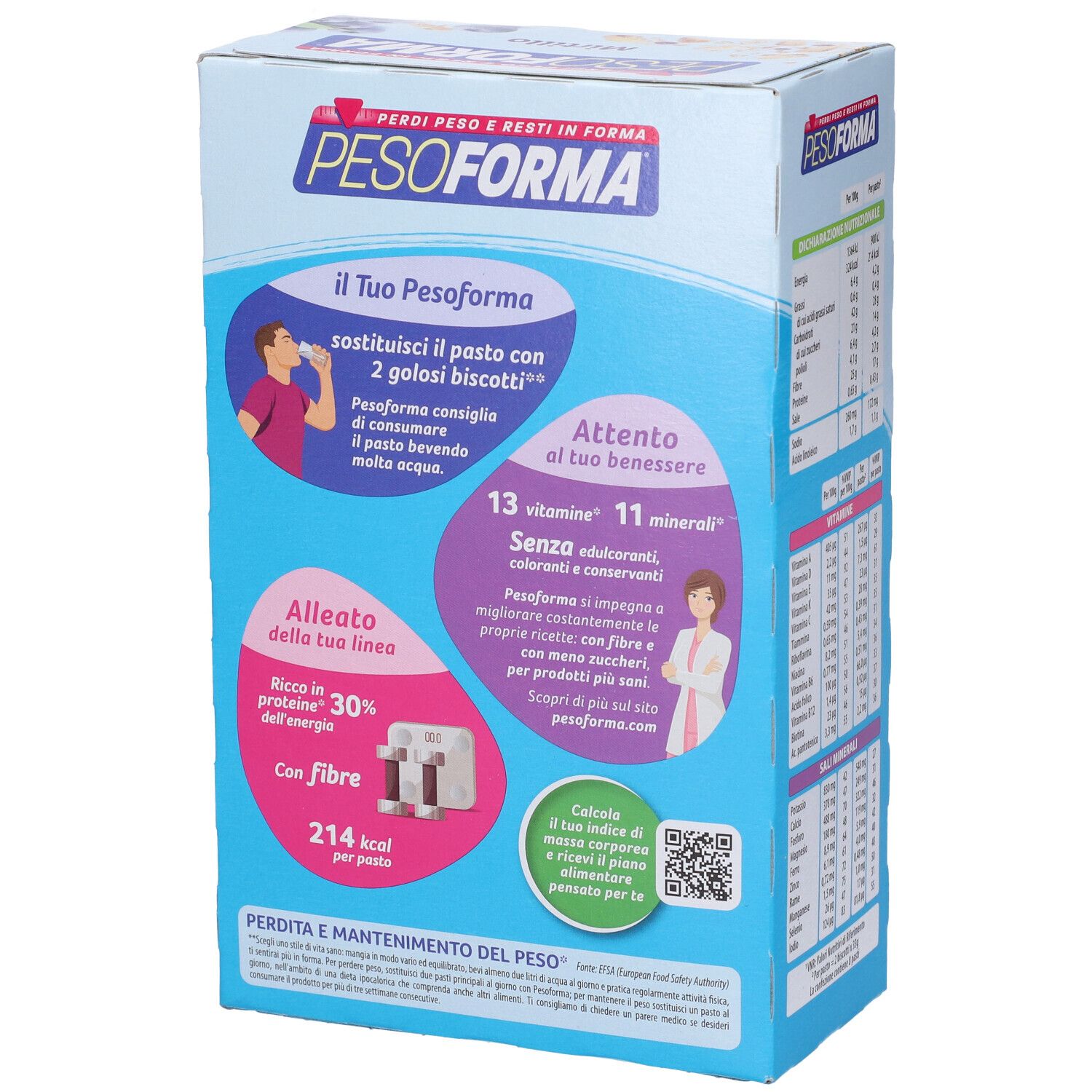 Confezione PESOFORMA® Mirtillo, vista dettagliata. Informazioni e illustrazioni su sfondo blu. 16 biscotti.