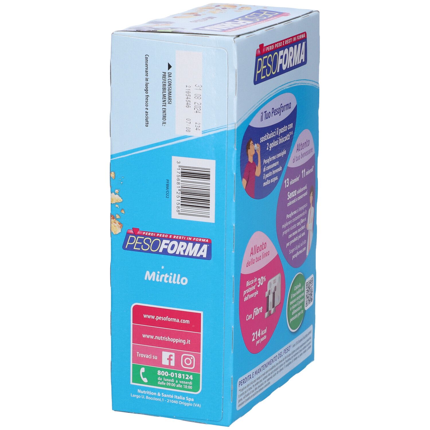 Confezione PESOFORMA® Mirtillo, vista laterale. Informazioni prodotto e contatti su sfondo blu. 16 biscotti.