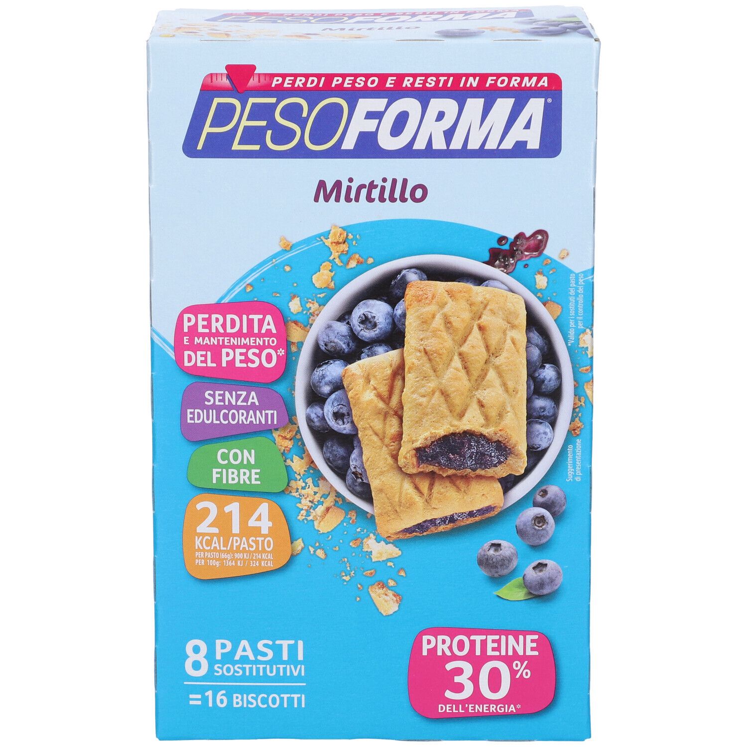Confezione PESOFORMA® Mirtillo. Scatola blu con immagine del prodotto e informazioni nutrizionali. Contiene 16 biscotti.