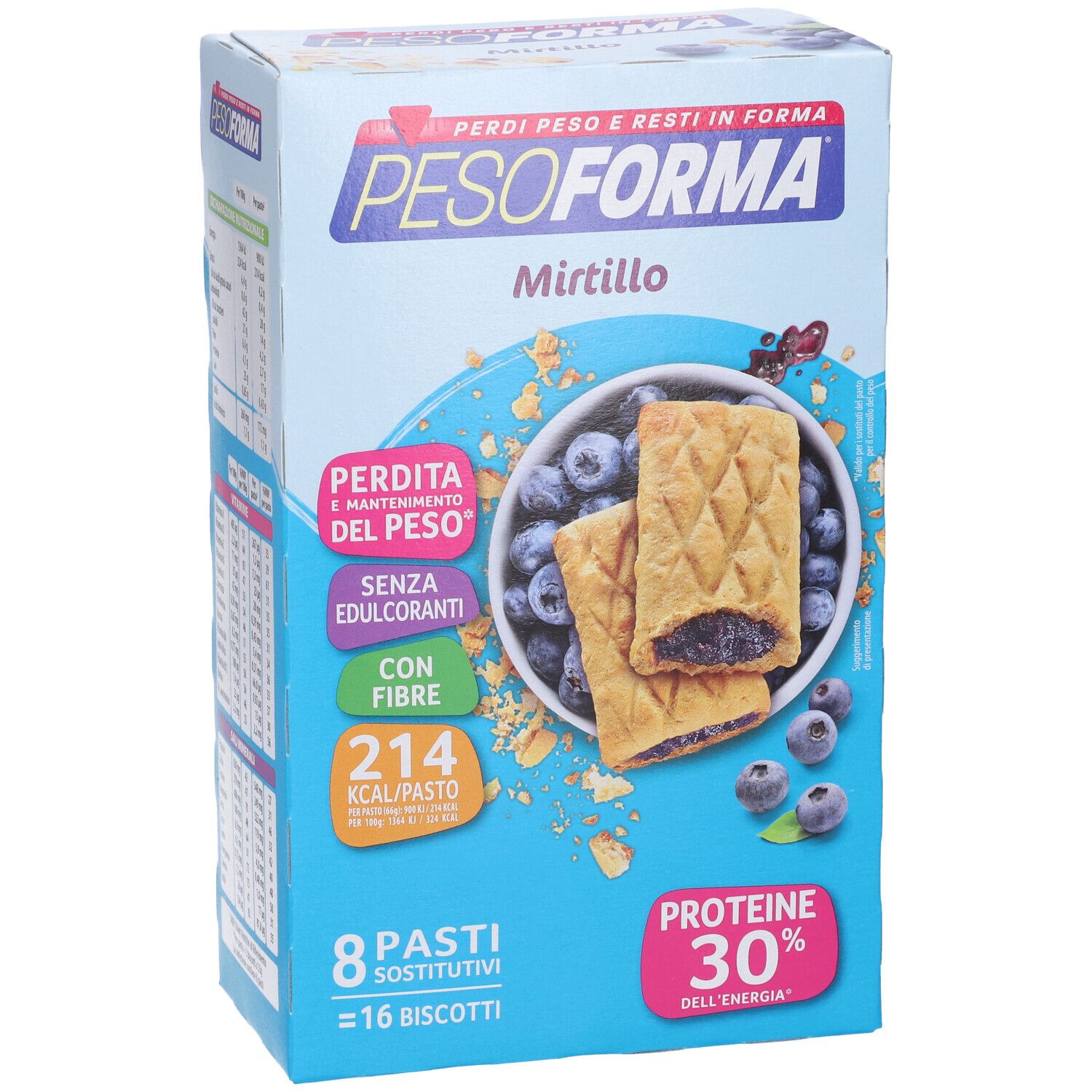 Confezione PESOFORMA® Mirtillo. Scatola blu con immagine del prodotto e informazioni nutrizionali. Contiene 16 biscotti.