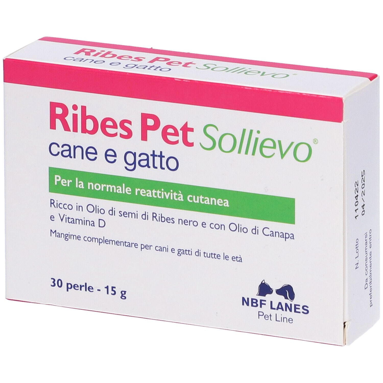 Confezione di Ribes Pet Sollievo. Testo: cane e gatto, 30 perle. Accenti rosa e verdi.