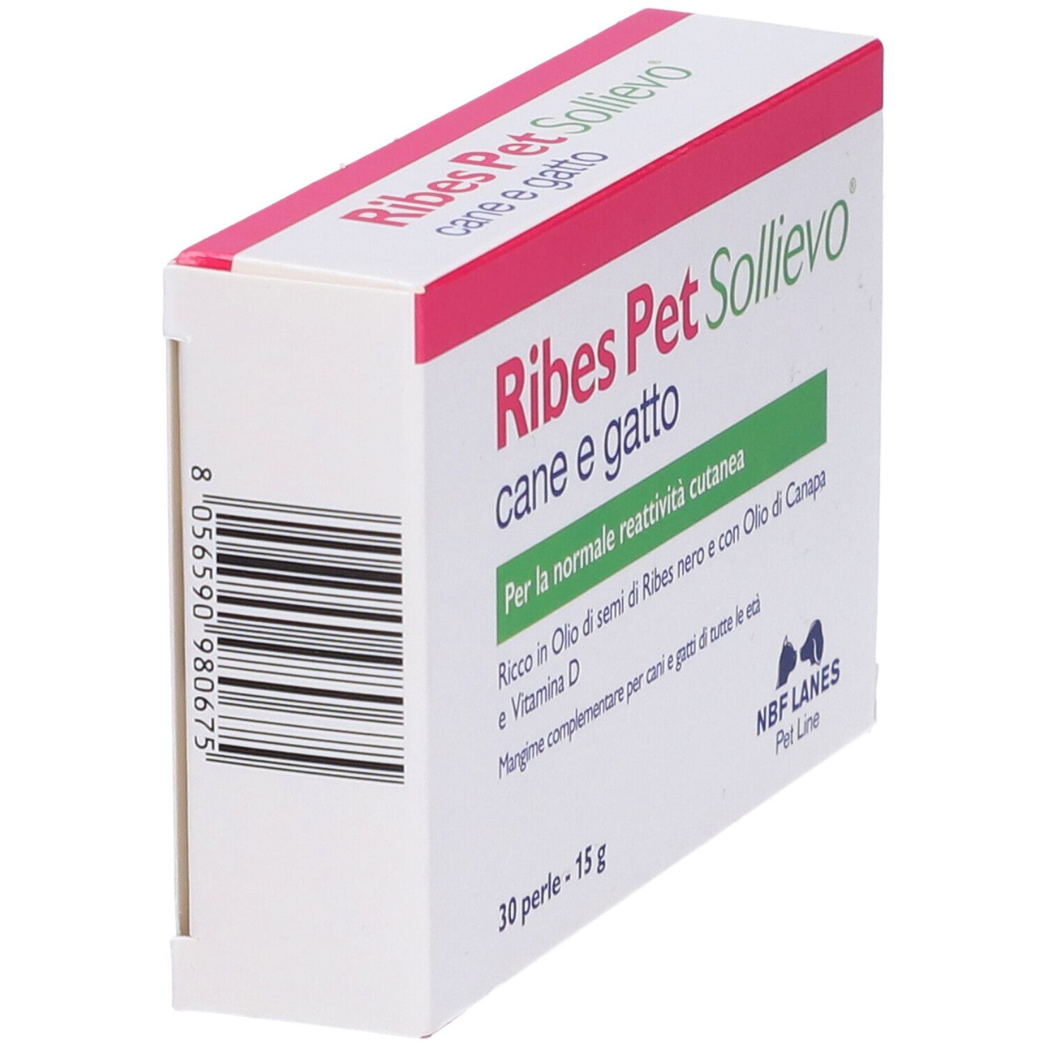 Confezione di Ribes Pet Sollievo in prospettiva. Testo: cane e gatto, 30 perle. Codice a barre.