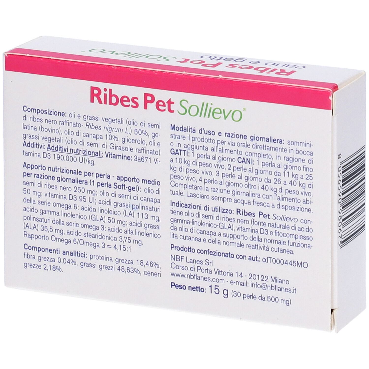 Retro della confezione Ribes Pet Sollievo. Testo: composizione, modalità d'uso, informazioni nutrizionali.