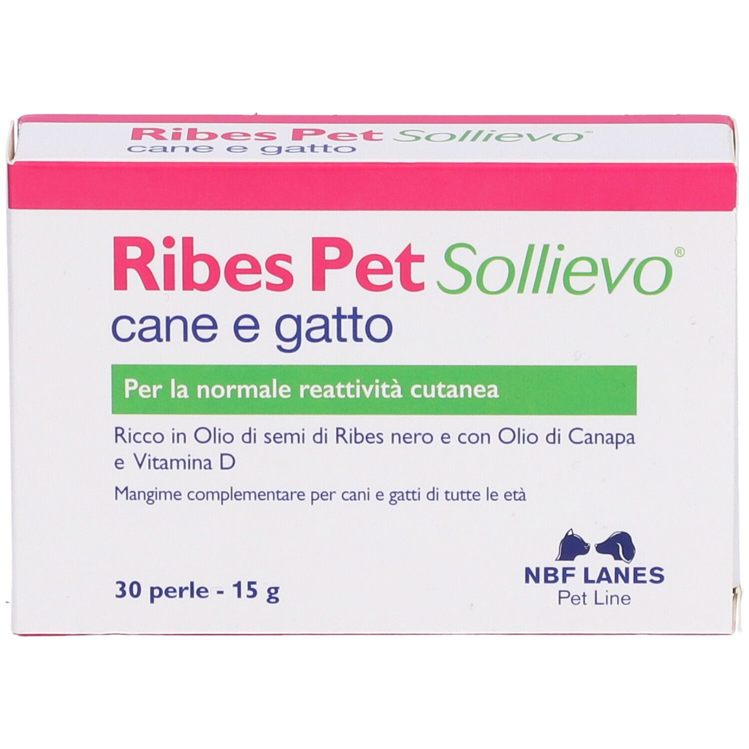 Confezione di Ribes Pet Sollievo. Testo: cane e gatto, 30 perle. Accenti rosa e verdi.