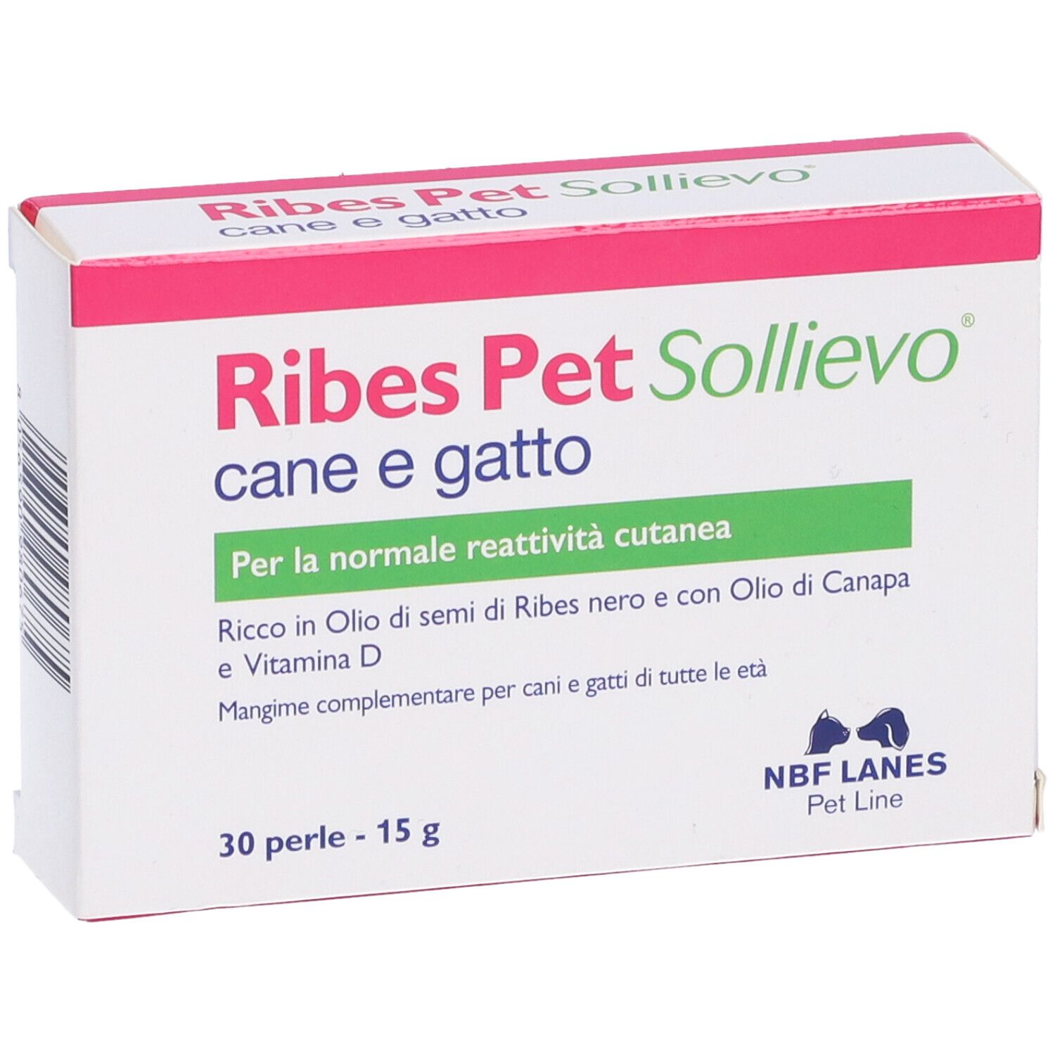 Confezione di Ribes Pet Sollievo. Testo: cane e gatto, 30 perle. Accenti rosa e verdi.