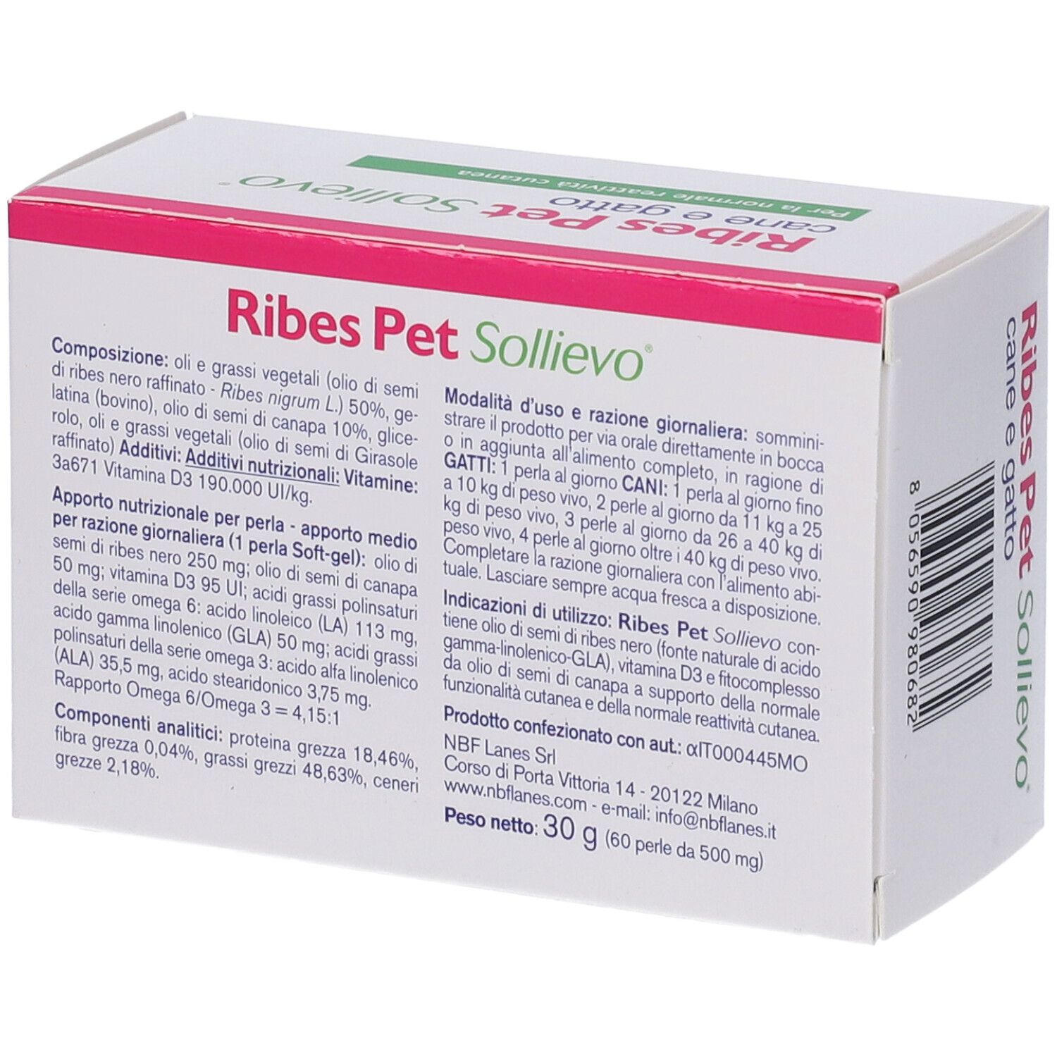 Scatola Ribes Pet Sollievo con testo italiano. Accenti rosa e verdi. Logo NBF Lanes. Testo sul retro.
