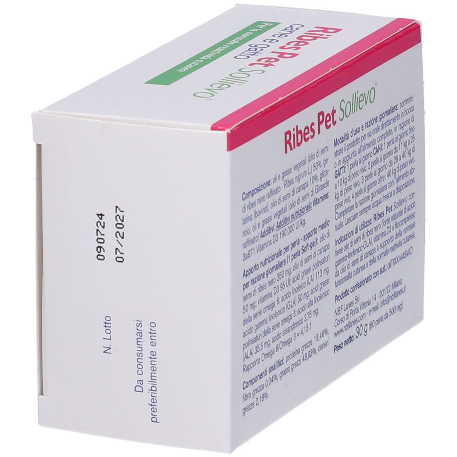 Scatola Ribes Pet Sollievo, retro. Testo italiano. Accenti rosa e verdi. Data di scadenza.