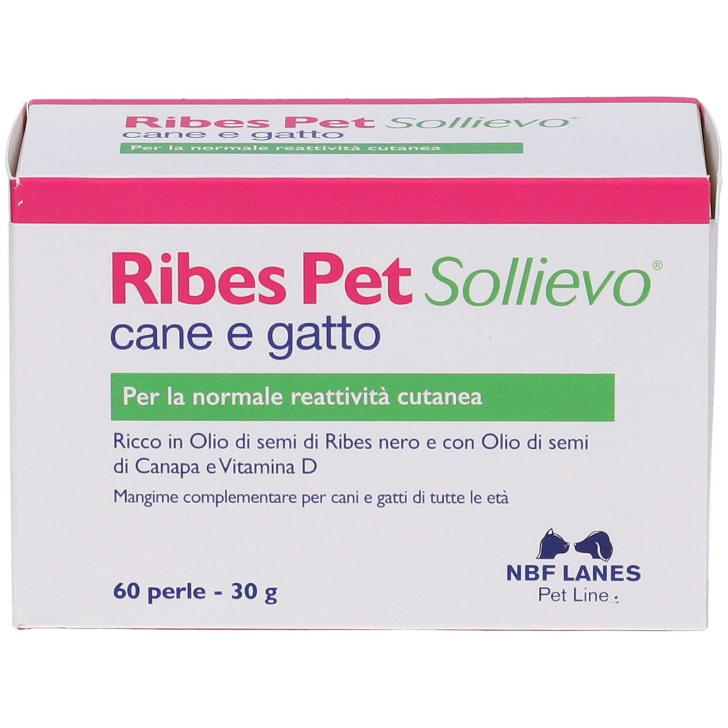 Scatola Ribes Pet Sollievo, 60 perle. Testo italiano. Accenti rosa e verdi. Logo NBF Lanes.