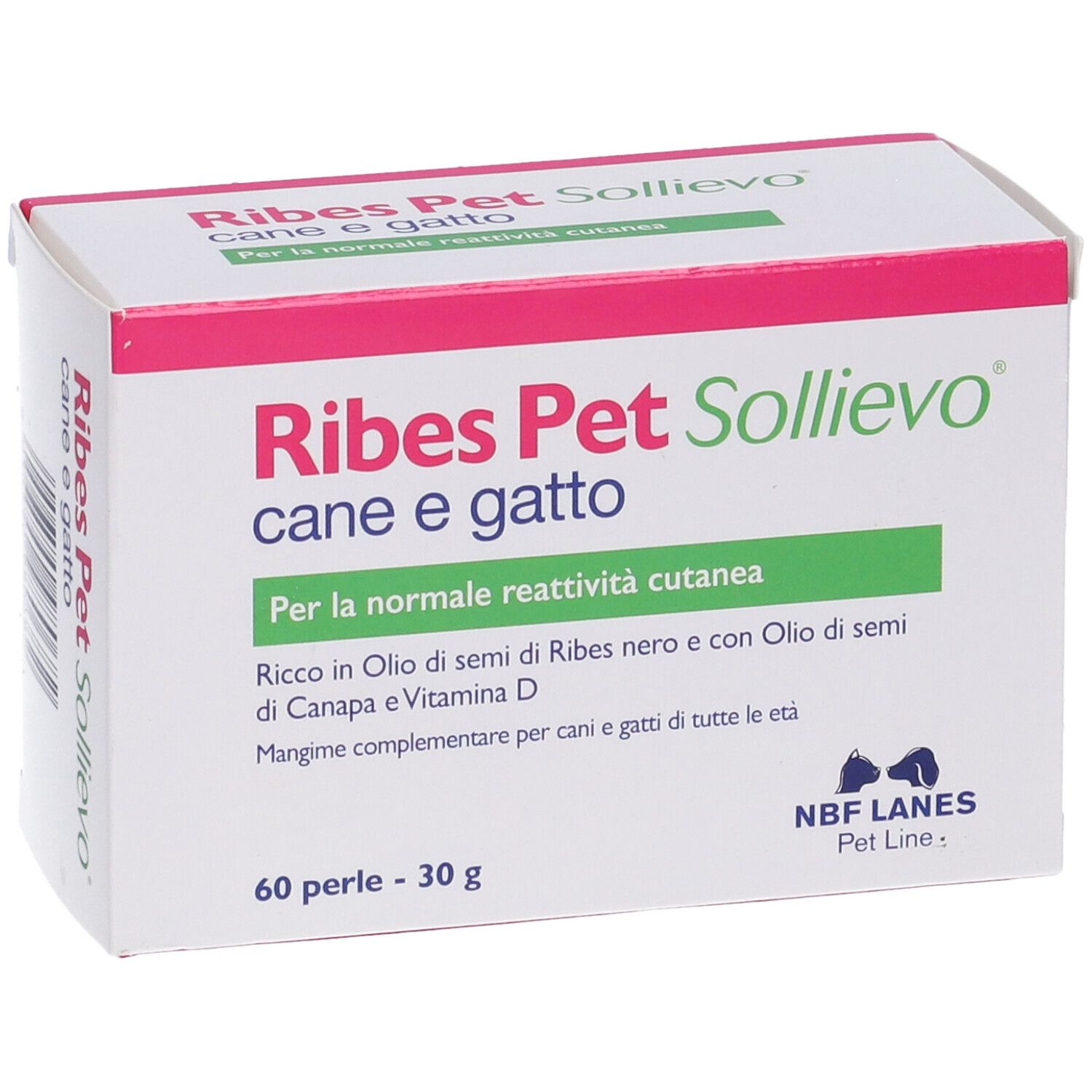 Scatola Ribes Pet Sollievo, 60 perle. Testo italiano. Accenti rosa e verdi. Logo NBF Lanes.