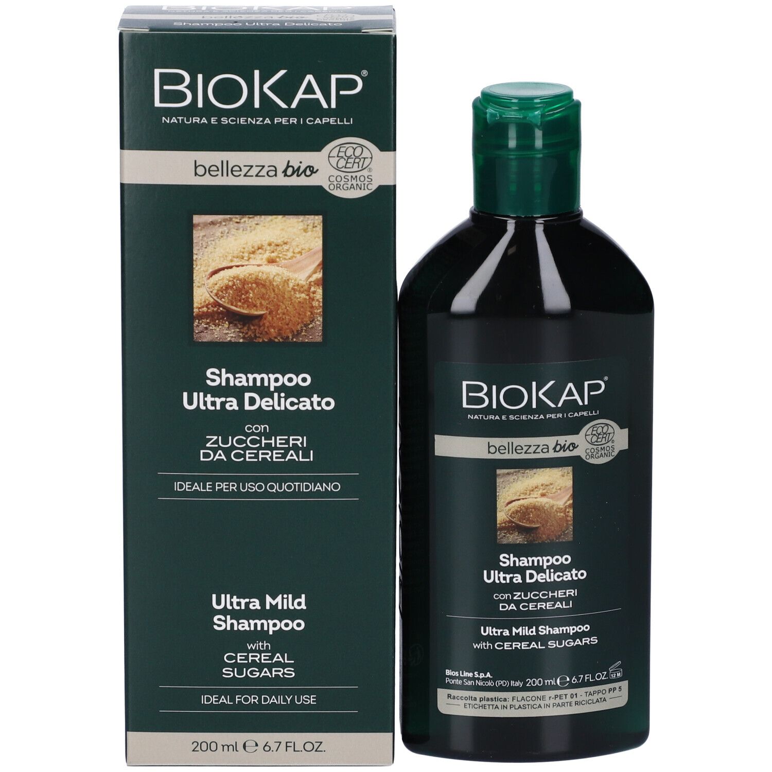 BIOKAP Shampoo-Flasche und Karton. Aufschrift: Shampoo Ultra Delicato. Bio-Zertifizierung. 200 ml.