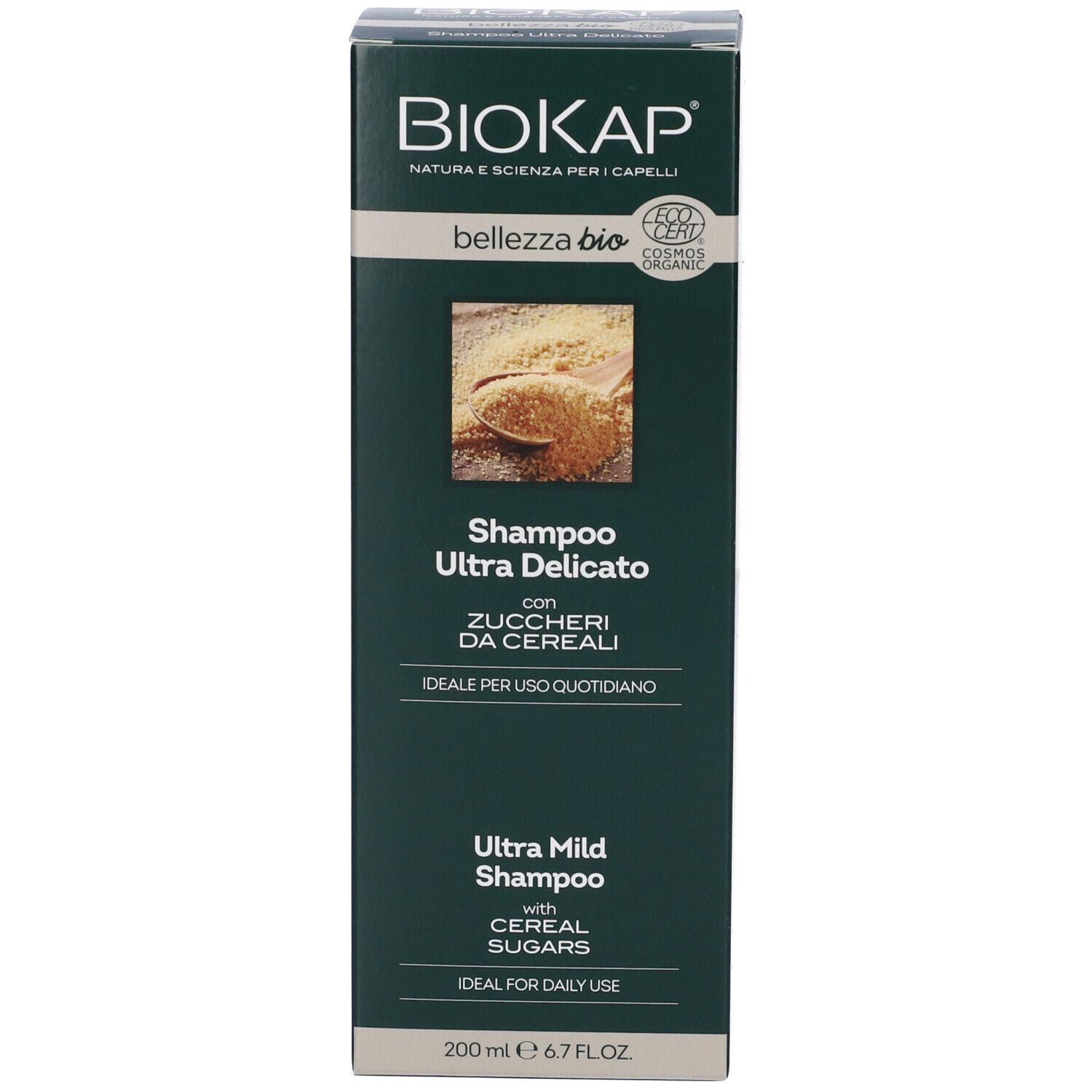 Karton mit BIOKAP Shampoo Ultra Delicato. Aufschrift: Shampoo Ultra Delicato. Bio-Zertifizierung. 200 ml.