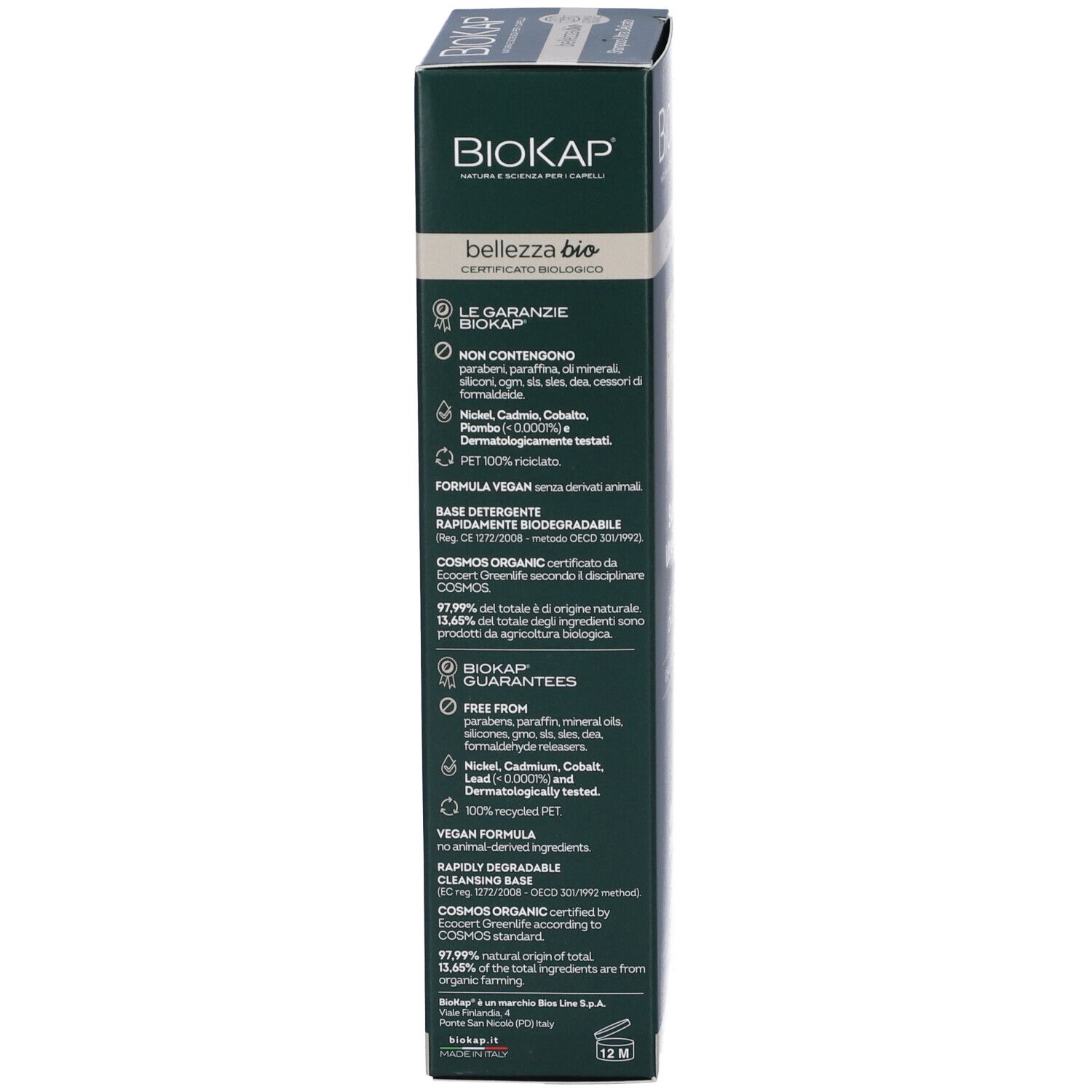 Rückseite der BIOKAP Shampoo-Verpackung. Text über Inhaltsstoffe, Zertifizierungen und Garantien.