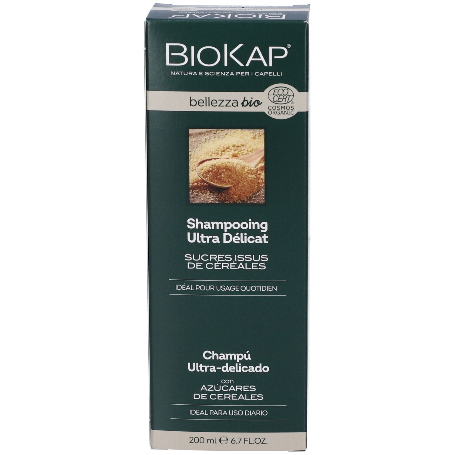 Karton mit BIOKAP Shampoo. Aufschrift: Shampooing Ultra Délicat. Bio-Zertifizierung. 200 ml.