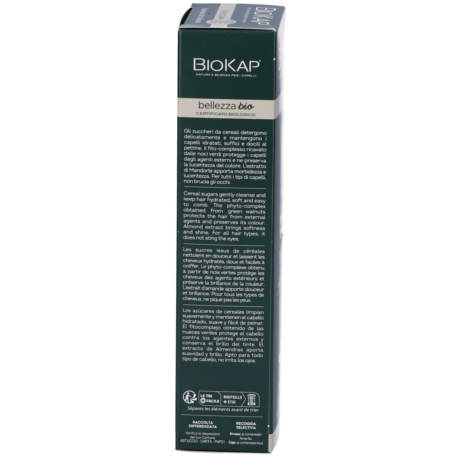 Rückseite der BIOKAP Shampoo-Verpackung. Text über Inhaltsstoffe und Anwendung.