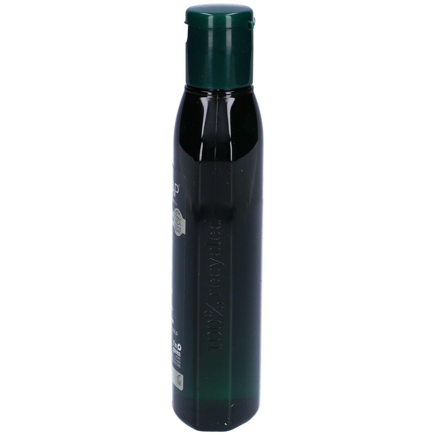 Dunkelgrüne Flasche mit Flip-Top-Verschluss. Vertikale Prägung auf der Seite.