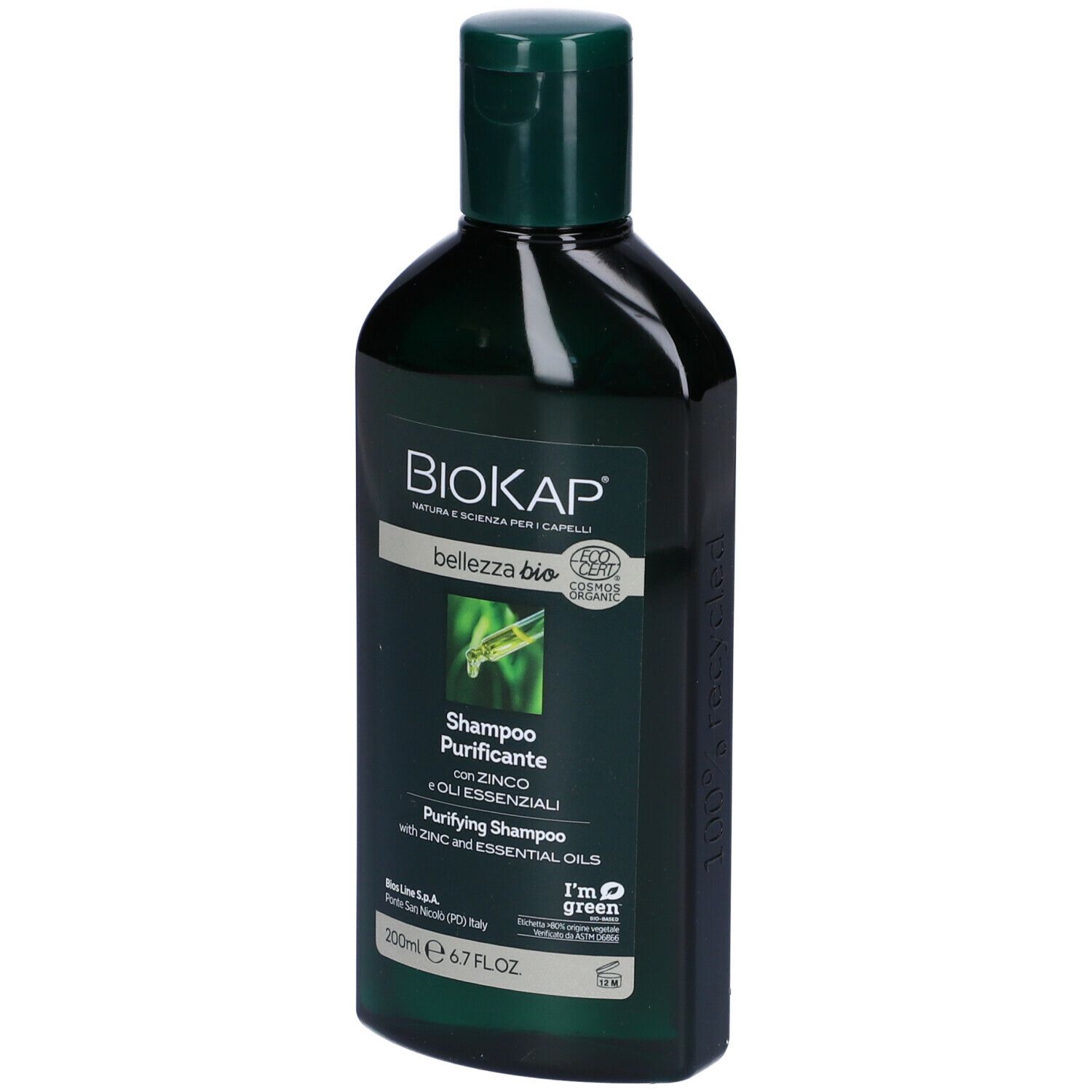 Dunkelgrüne Flasche Biokap Bio-Shampoo mit Zink und ätherischen Ölen, 200ml.