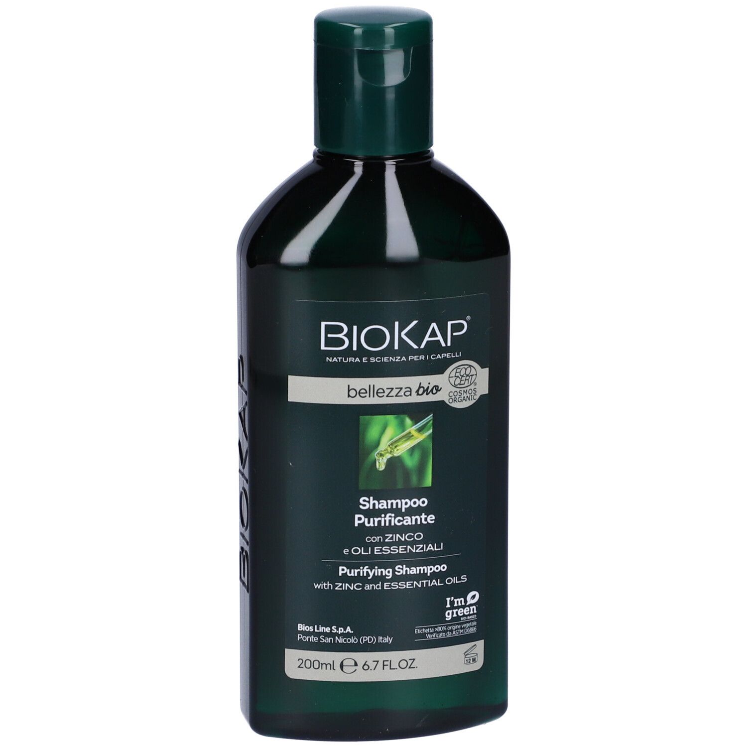 Dunkelgrüne Flasche BioKap Purifying Shampoo mit Zink und ätherischen Ölen, 200ml.