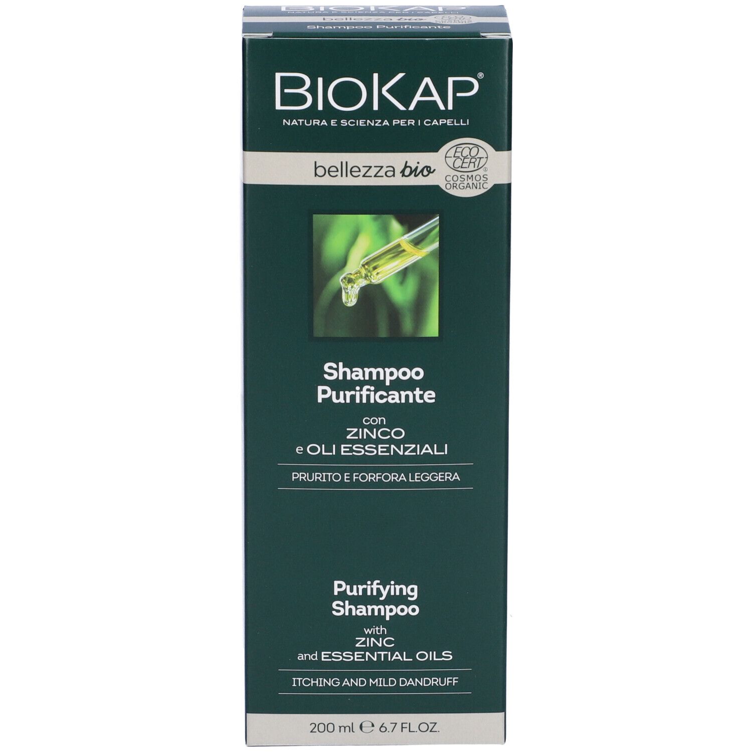 Biokap Bio-Shampoo mit Zink und ätherischen Ölen für juckende Kopfhaut und leichte Schuppen. 200 ml.