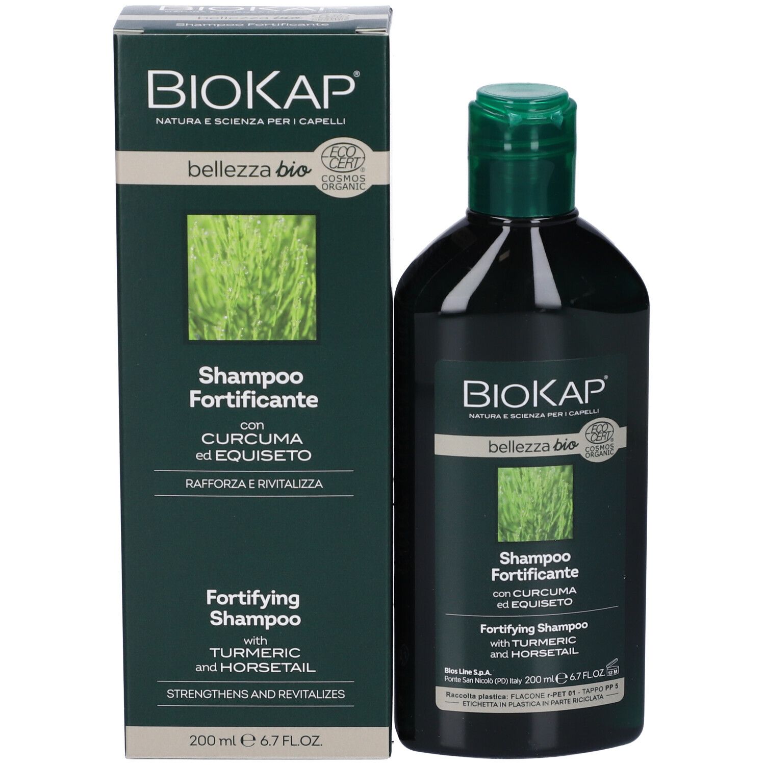 Produktverpackung mit Flasche. Aufschrift: BIOKAP, Shampoo Fortificante, mit Kurkuma und Schachtelhalm. Bio-Zertifizierung.