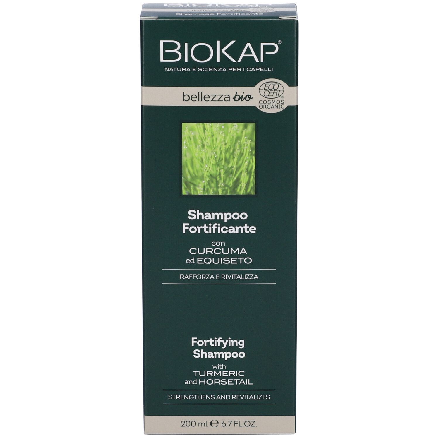 Produktverpackung. Aufschrift: BIOKAP, Shampoo Fortificante, mit Kurkuma und Schachtelhalm. Bio-Zertifizierung. 200 ml.