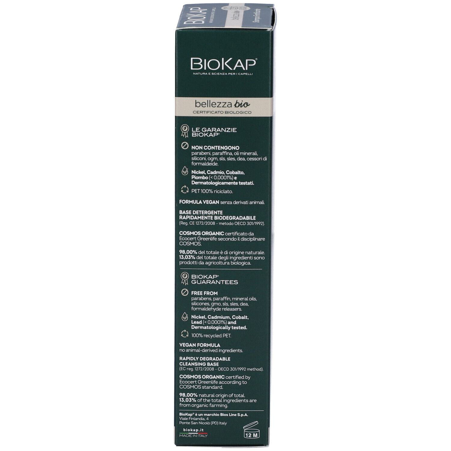 Produktverpackung, Rückseite. Text über Inhaltsstoffe, Zertifizierungen und Garantien. BIOKAP-Logo.