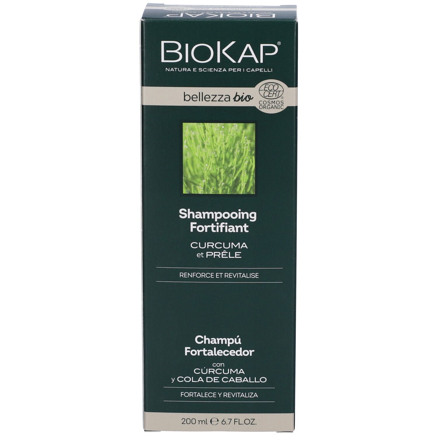 Produktverpackung, Seite. Aufschrift: BIOKAP, Shampooing Fortifiant, mit Kurkuma und Prêle. 200 ml.