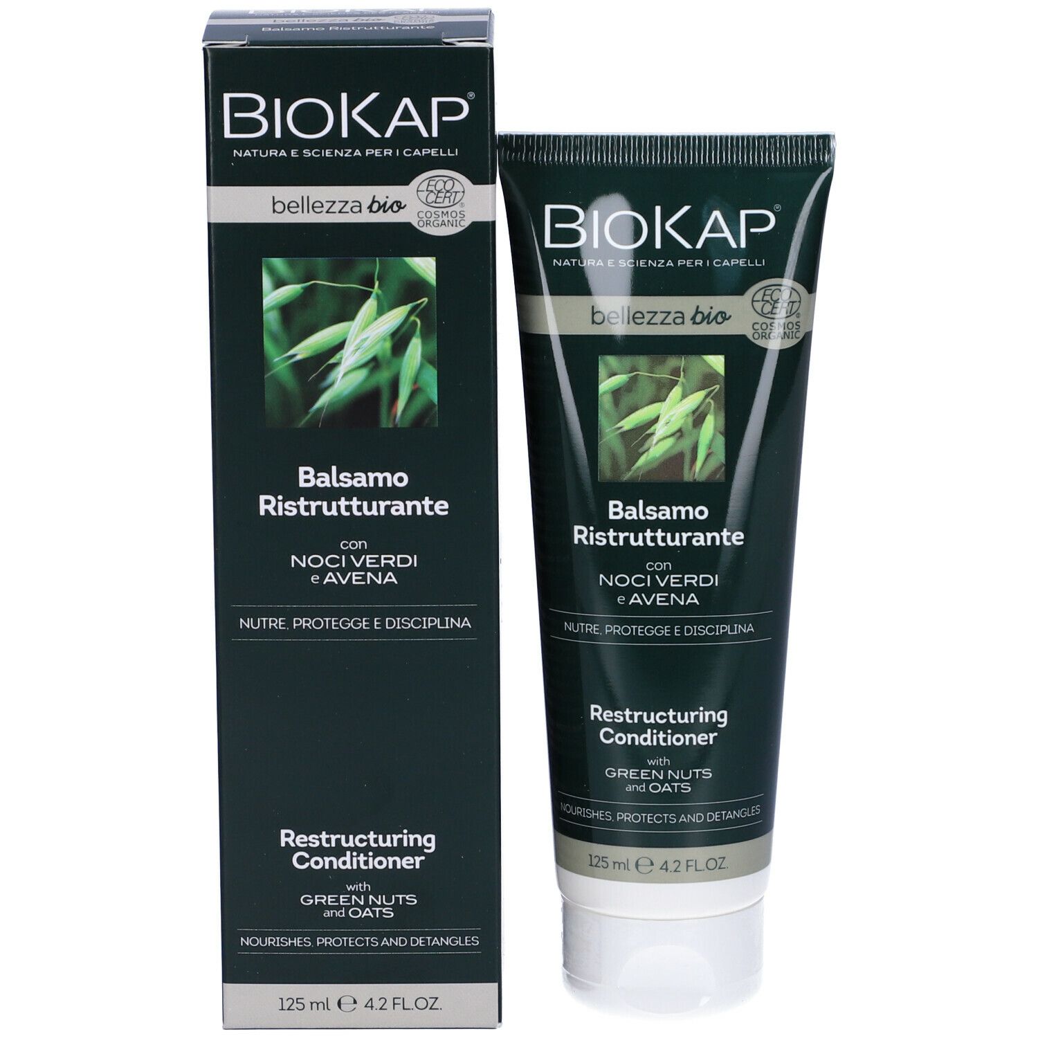 Confezione prodotto con tubo. Scatola nera con logo "BIOKAP" e nome prodotto. Contiene Balsamo Ristrutturante.