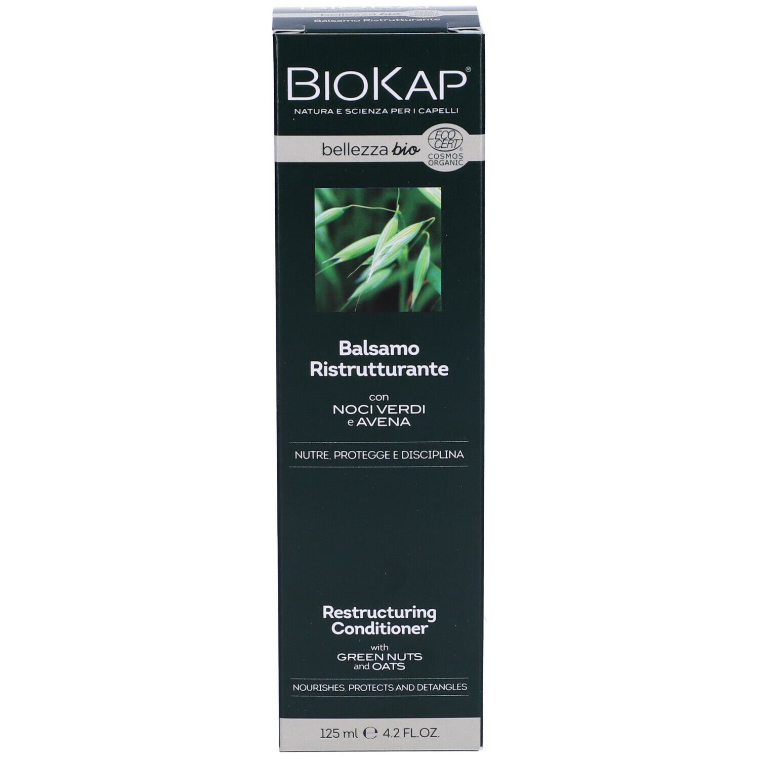Scatola nera con logo "BIOKAP" e nome prodotto. Balsamo Ristrutturante con Noci Verdi e Avena. 125 ml.
