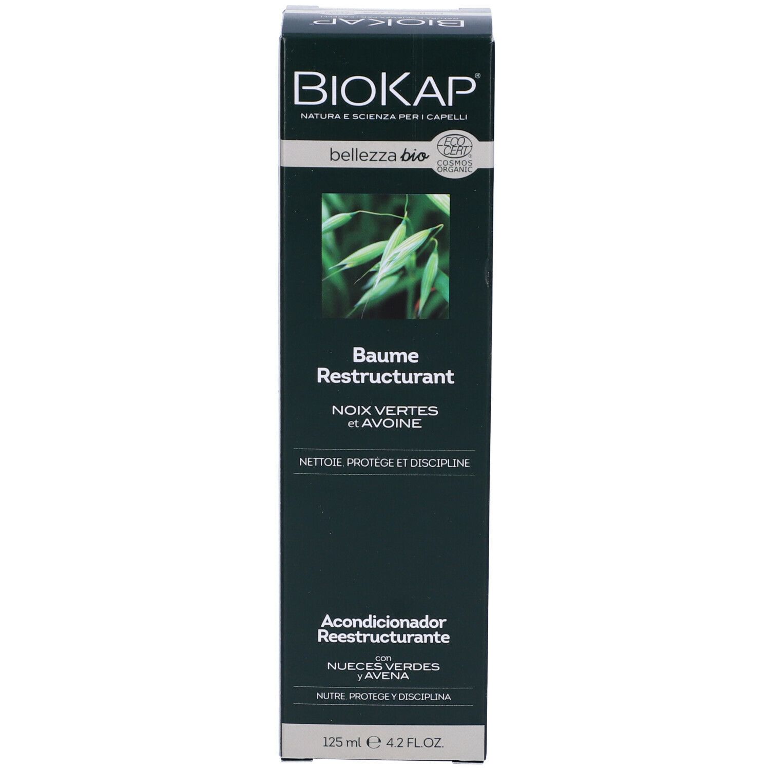 Confezione prodotto. Scatola nera con logo "BIOKAP" e nome prodotto. Contiene Baume Restructurant.