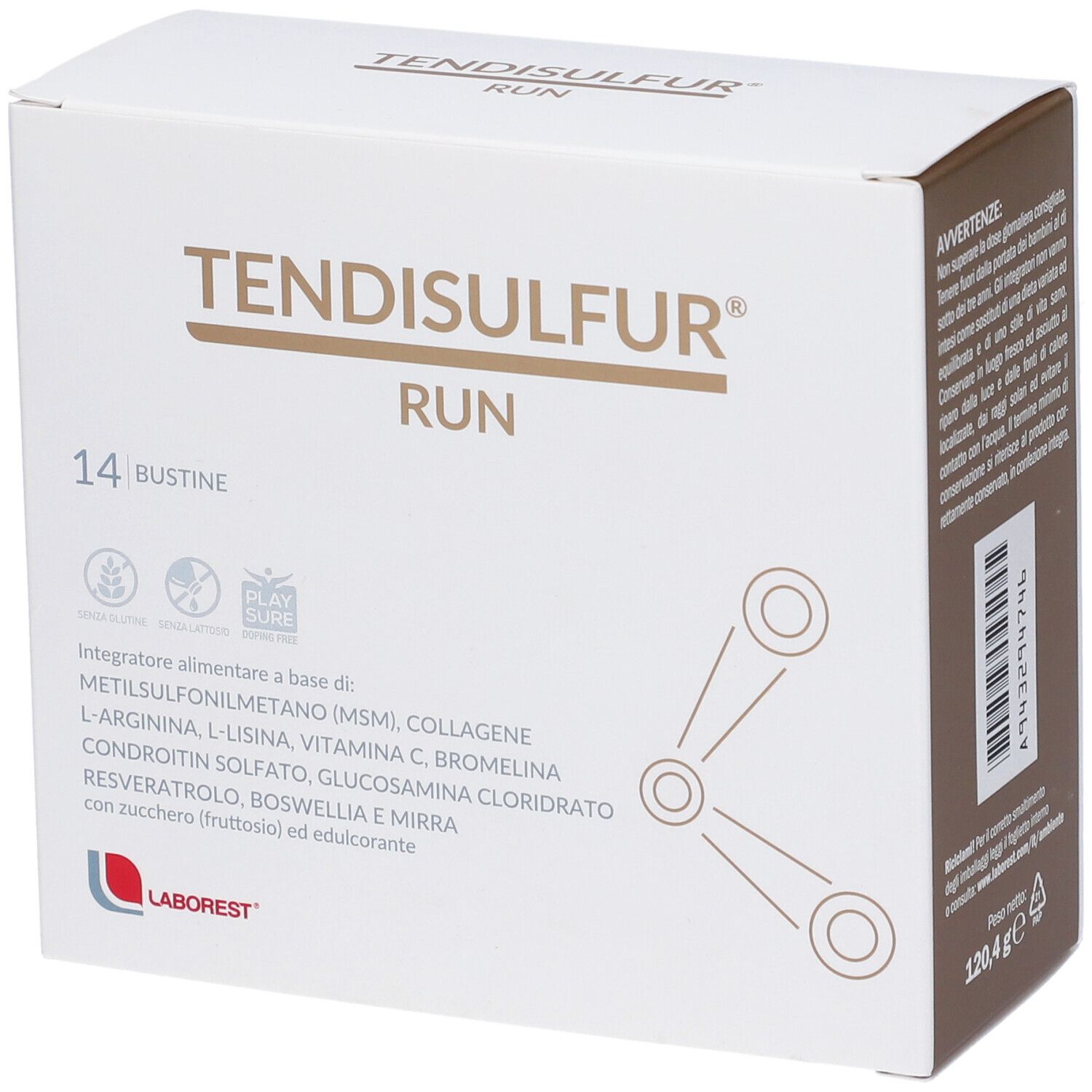 Scatola bianca TENDISULFUR RUN. 14 bustine. Ingredienti e loghi. Logo Laborest.
