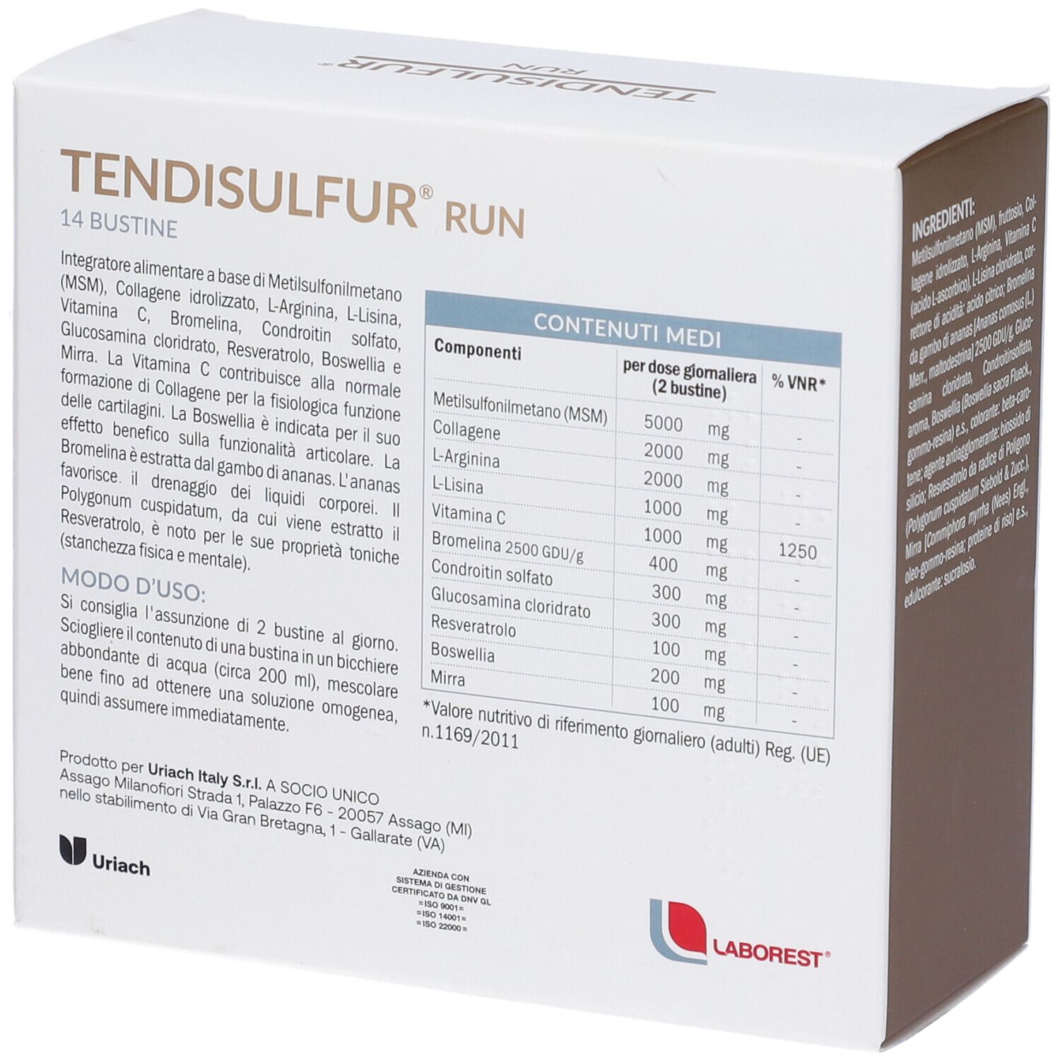 Scatola TENDISULFUR RUN. Ingredienti e informazioni nutrizionali. Logo Laborest.