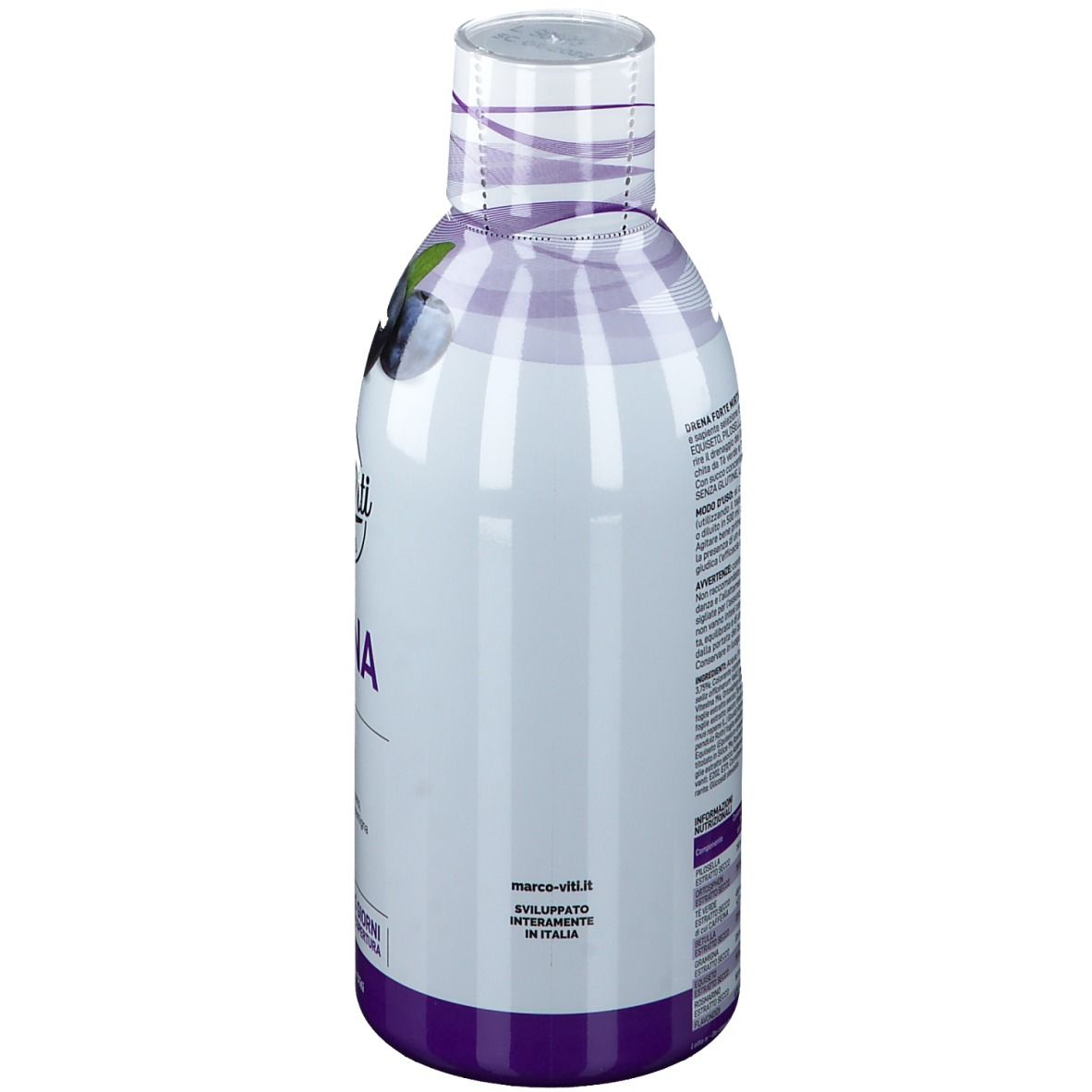 Bottiglia, vista laterale. Etichetta con testo. Logo Marco Viti. Colori viola e bianco.