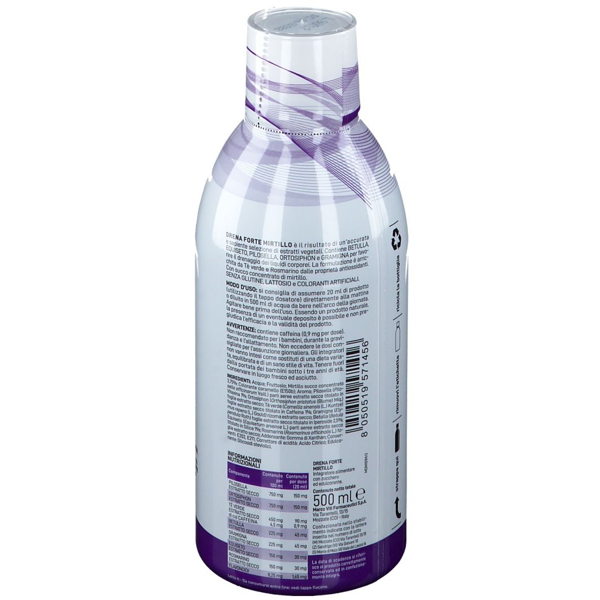 Bottiglia, vista posteriore. Etichetta con testo e informazioni nutrizionali. Logo Marco Viti. 500 ml.