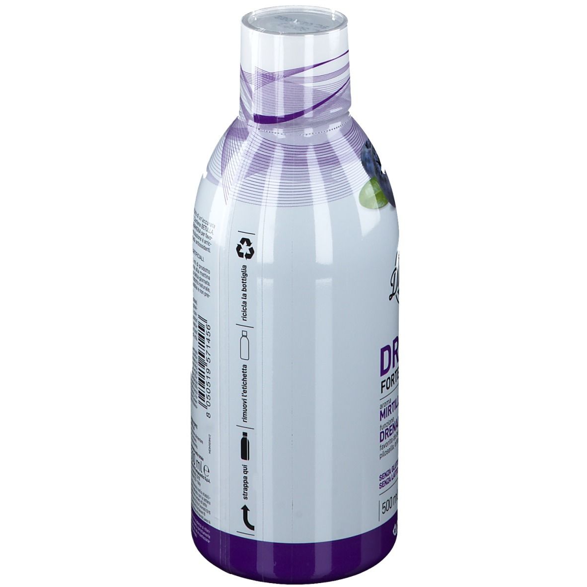 Bottiglia, vista laterale. Etichetta con testo. Logo Marco Viti. Colori viola e bianco.