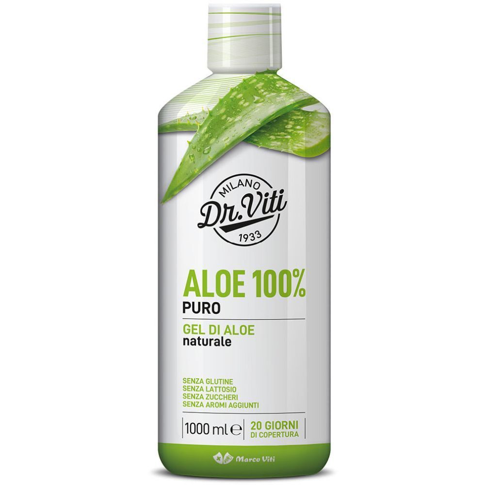 Bottiglia bianca e verde con motivo aloe vera. Scritta: Dr. Viti, Aloe 100% Puro, Gel di Aloe naturale. Senza glutine, lattosio, zuccheri, aromi.
