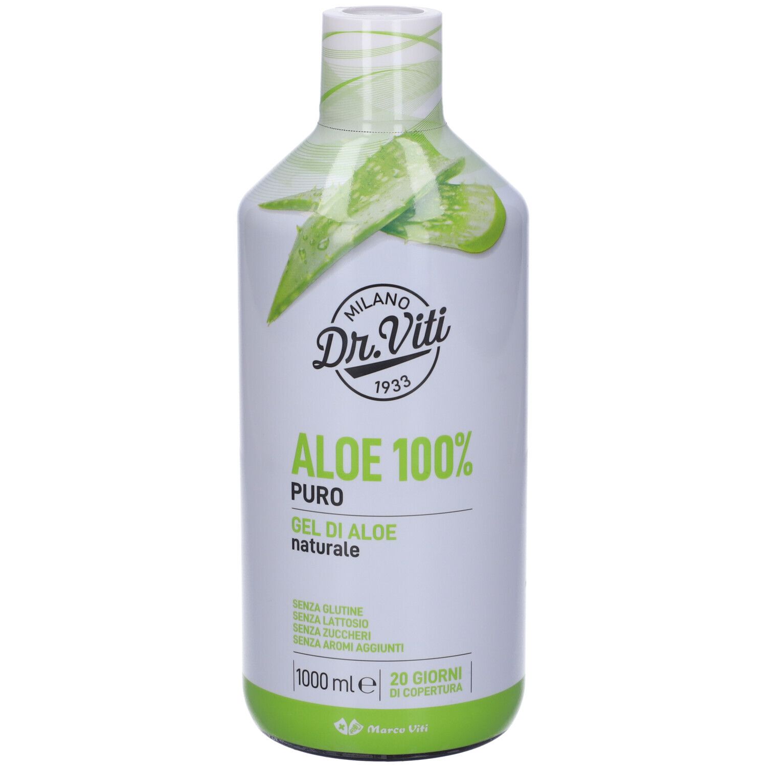 Bottiglia bianca e verde con motivo aloe vera. Scritta: Dr. Viti, Aloe 100% Puro, Gel di Aloe naturale. Senza glutine, lattosio, zuccheri, aromi.