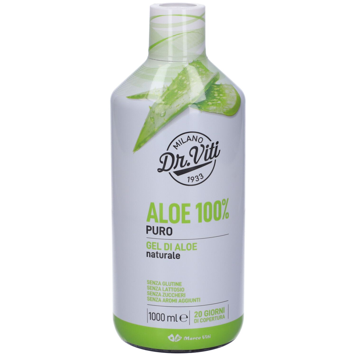 Bottiglia bianca e verde con motivo aloe vera. Scritta: Dr. Viti, Aloe 100% Puro, Gel di Aloe naturale. Senza glutine, lattosio, zuccheri, aromi.