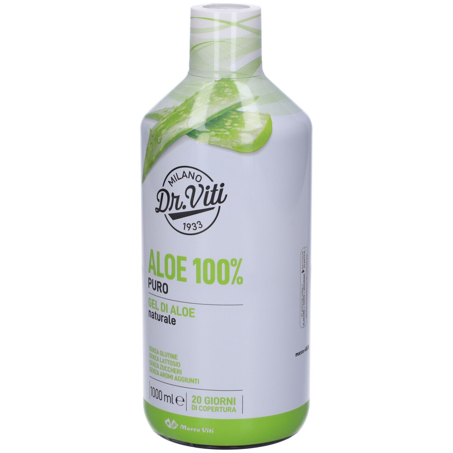 Bottiglia bianca e verde con motivo aloe vera. Scritta: Dr. Viti, Aloe 100% Puro, Gel di Aloe naturale. Senza glutine, lattosio, zuccheri, aromi.