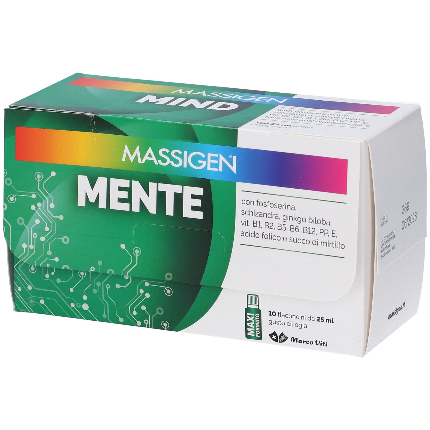 Massigen Mente Verpackung mit bunten Streifen und Informationen zu Inhaltsstoffen.