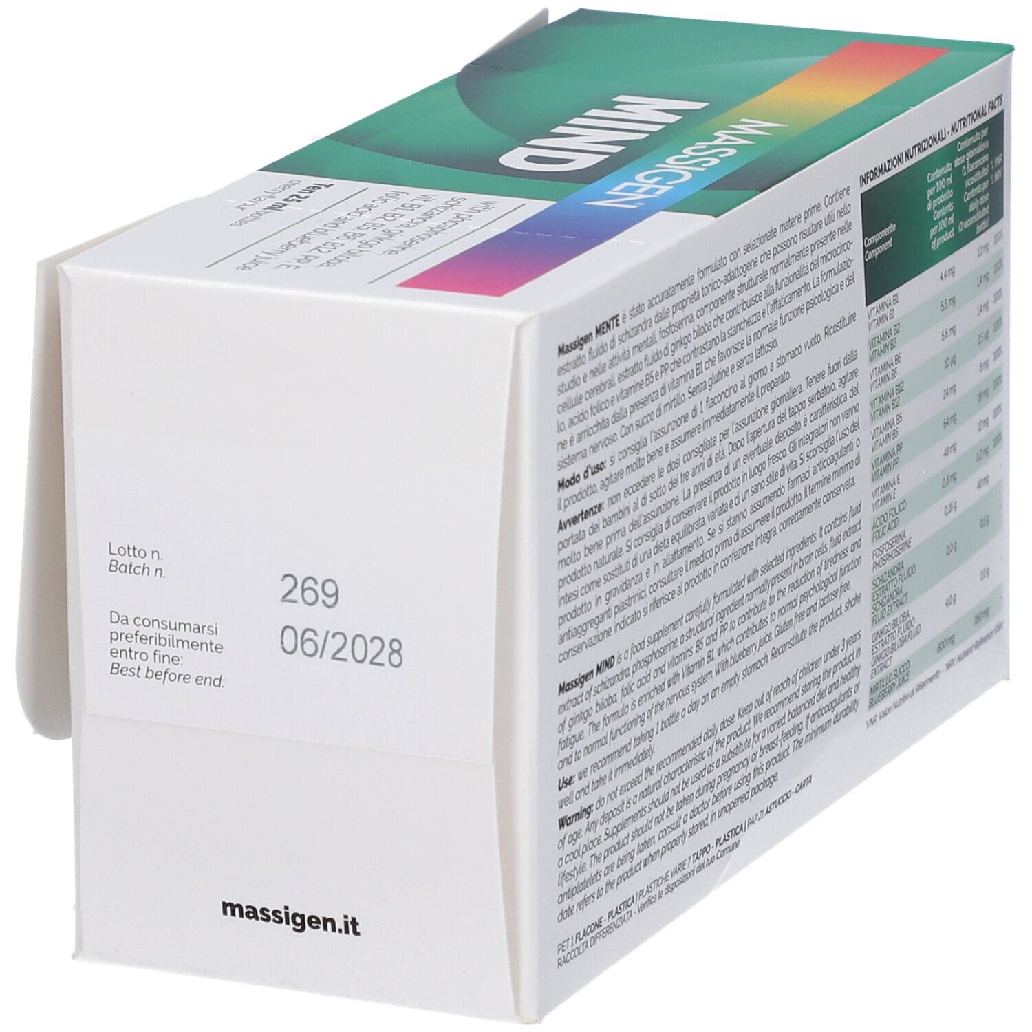 Seitenansicht einer Massigen Mente Nahrungsergänzungsmittel-Packung mit Haltbarkeitsdatum 06/2028.