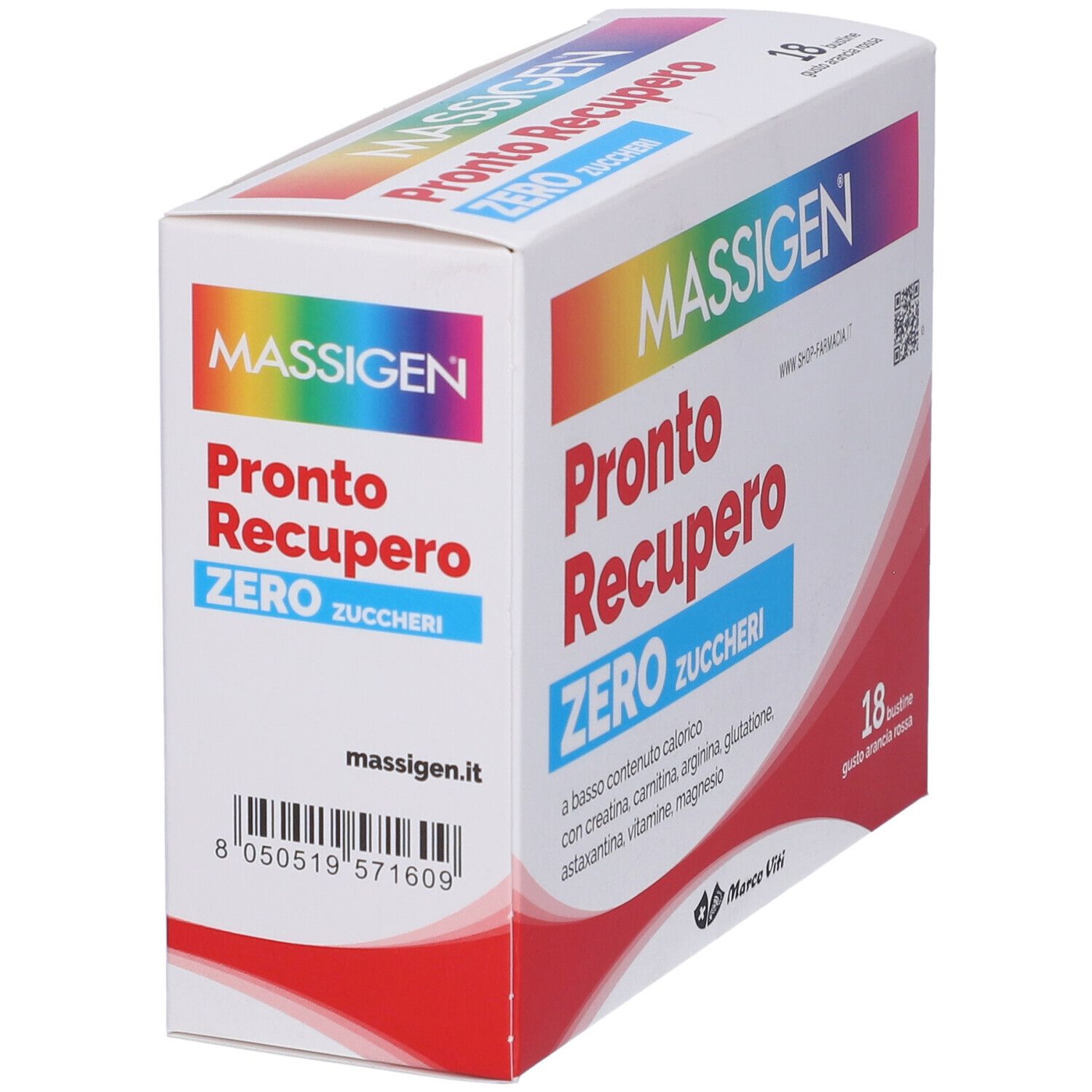MASSIGEN Pronto Recupero Zero Zuccheri Verpackung. 18 Beutel. Weiß, rot und farbiges Logo.