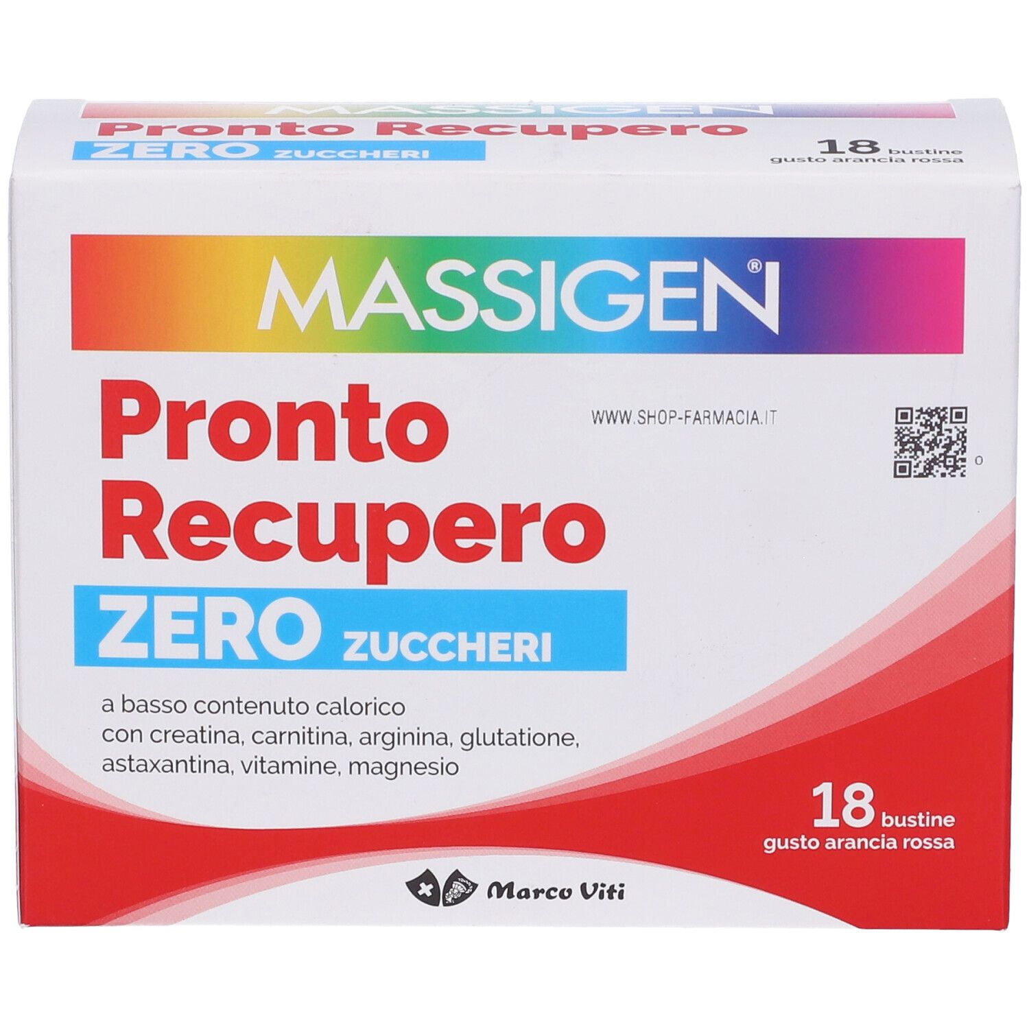 Verpackung von MASSIGEN Pronto Recupero Zero Zuccheri. 18 Beutel, rotes Design, weißer Hintergrund.