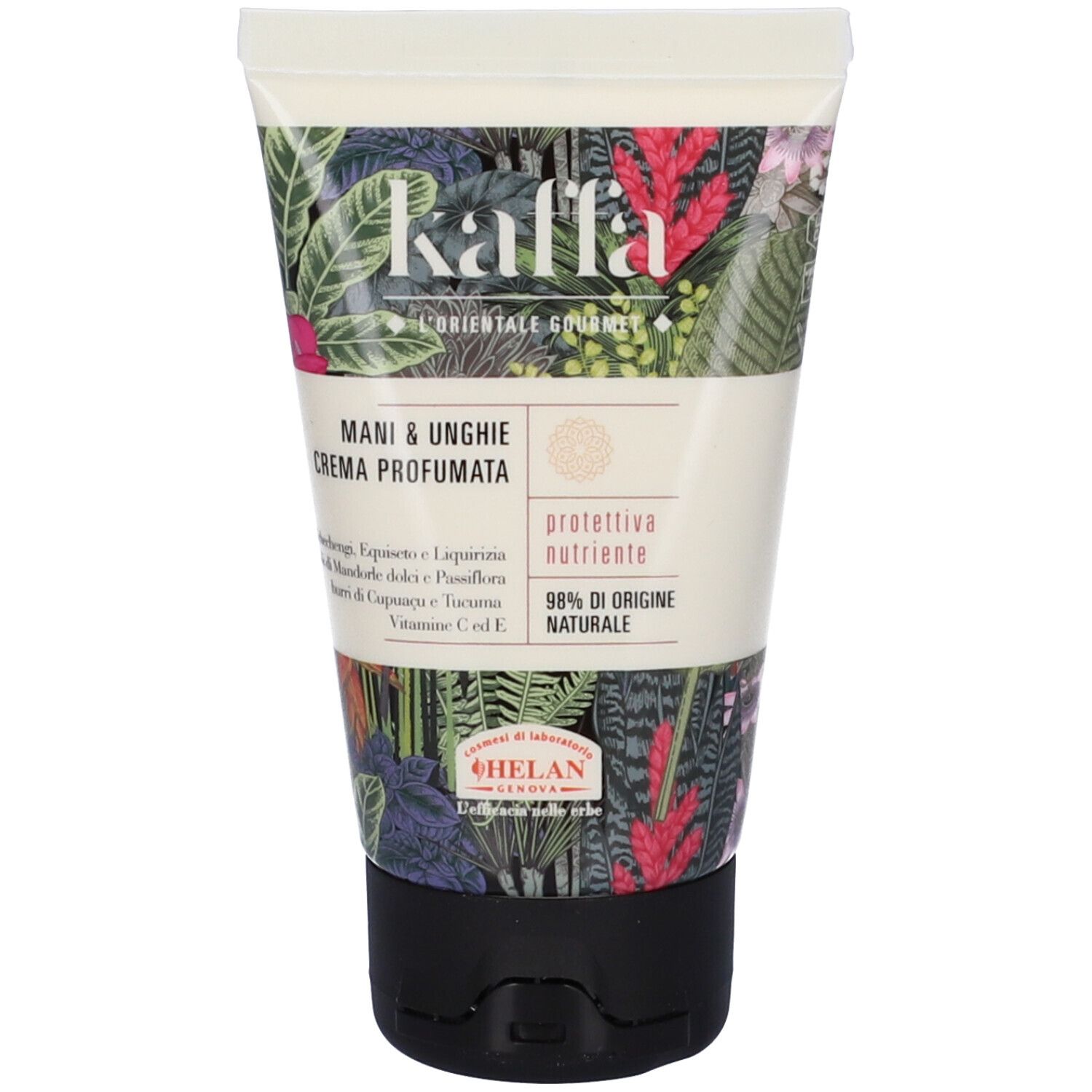 Tubo crema Kaffa, design floreale. Scritto: Mani & Unghie, Crema Profumata, 98% naturale. Tappo nero.